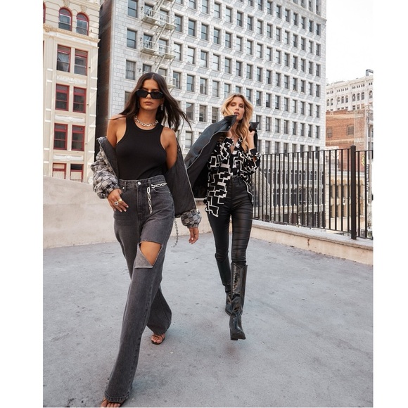 12th Tribe Brooklyn Washed Black Slash High Rise Straight Leg Boyfriend Jeans - Picture 14 of 16